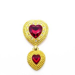 Red Double Heart Articulated Brooch, Victoria Secret Crystal and Granulated